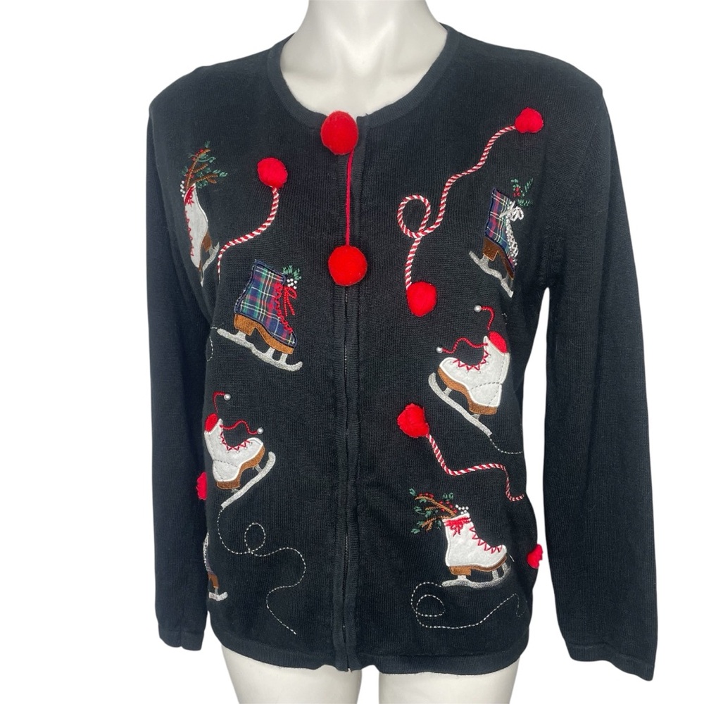 Vintage Terazzo Christmas Zip Cardigan Sweater M Skates Black Red Plaid Beads